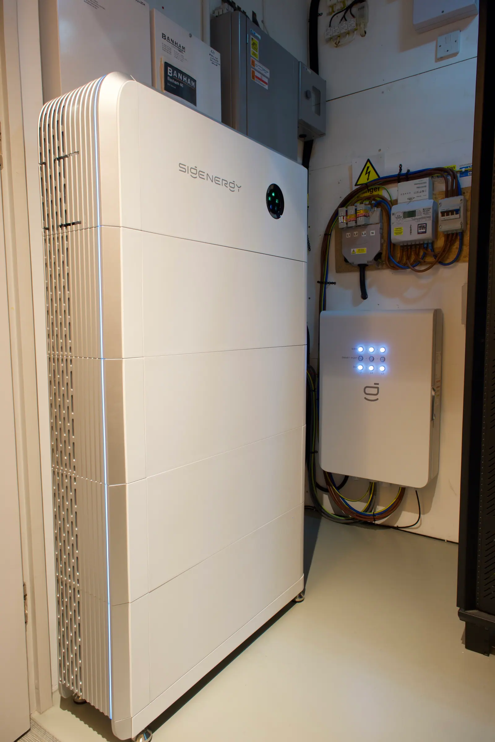 A Sigenergy battery stack we installed in London, with its gateway and the consumer units